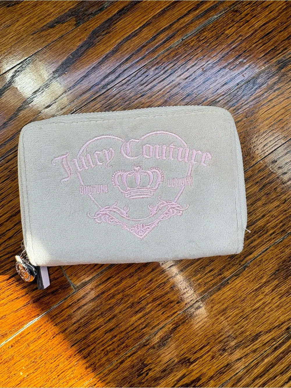 Juicy Couture Beige Suede Zip Card Holder with Pink Embroidery